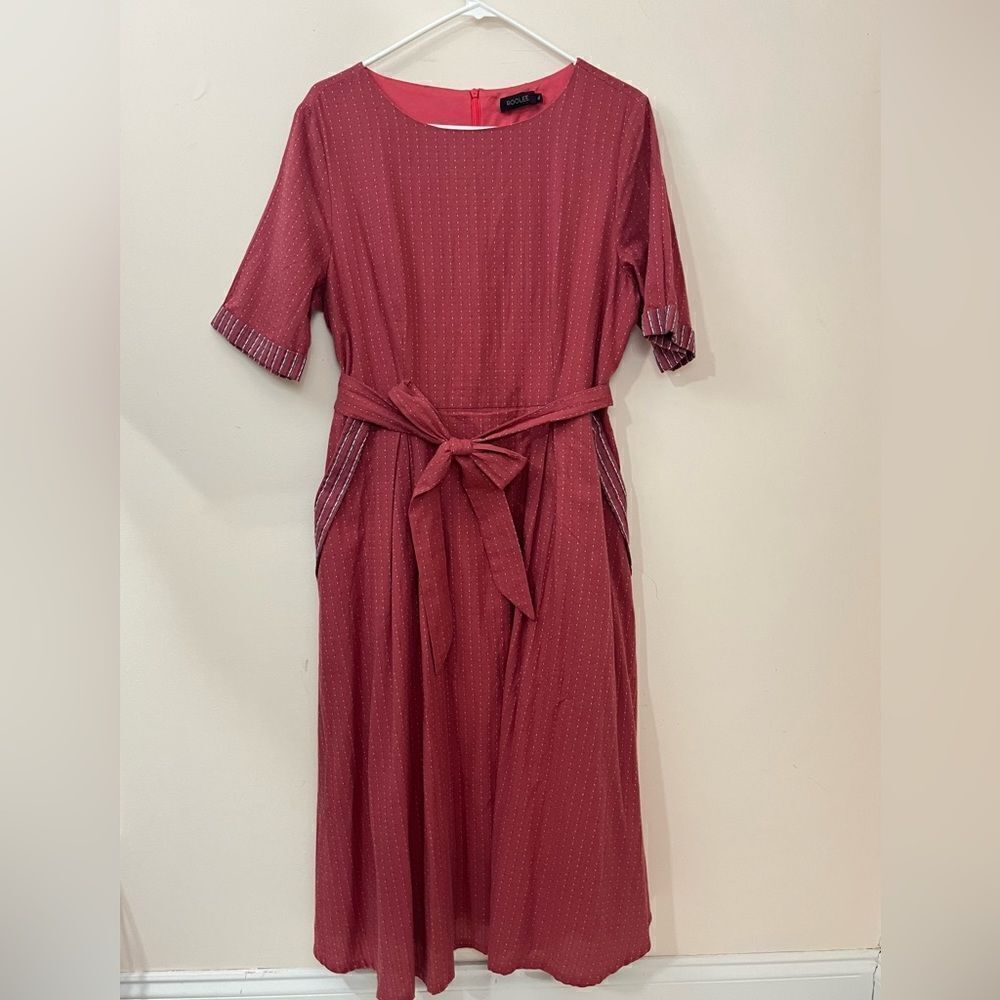 Roolee Mauve/ Rose Cotton Fit and Flare Textured  Midi Dress XL